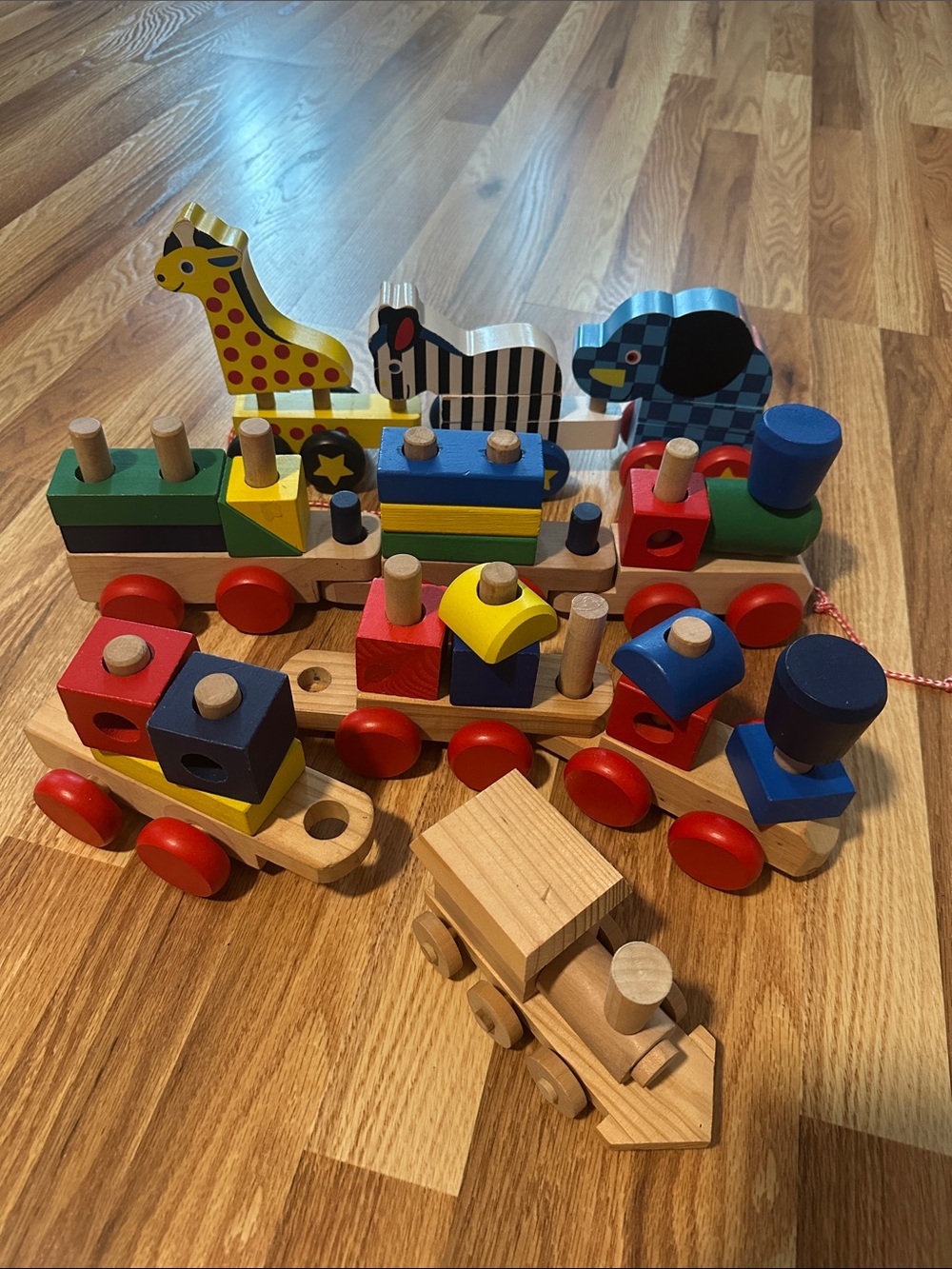 Wooden Pull-Along Animal & Block Train Toy - Multicolor 3 Train sets & 1 engine